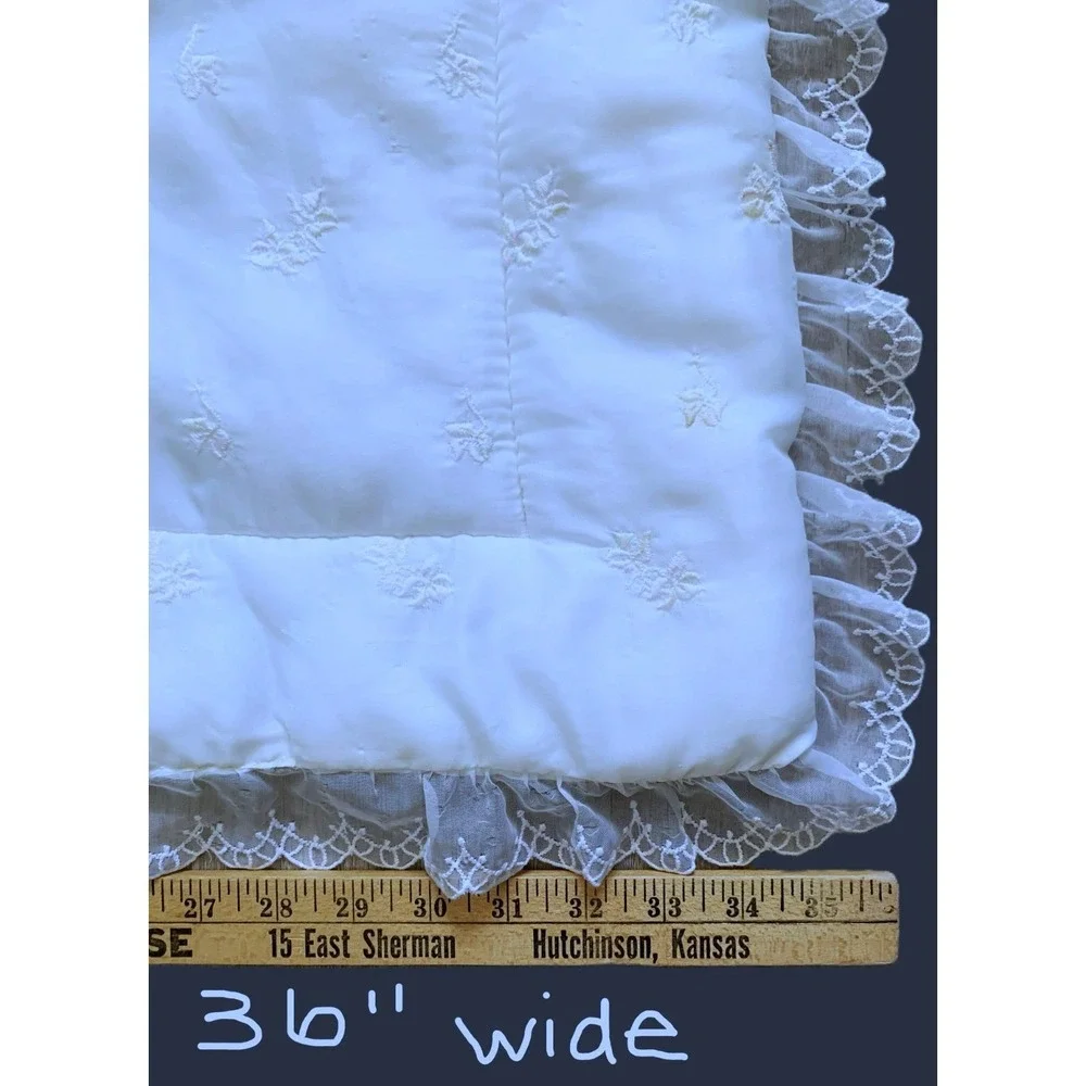 1960's Oyster Nylon Silky Feel Crib Comforter Blankie Quilt Embroidery & Lace